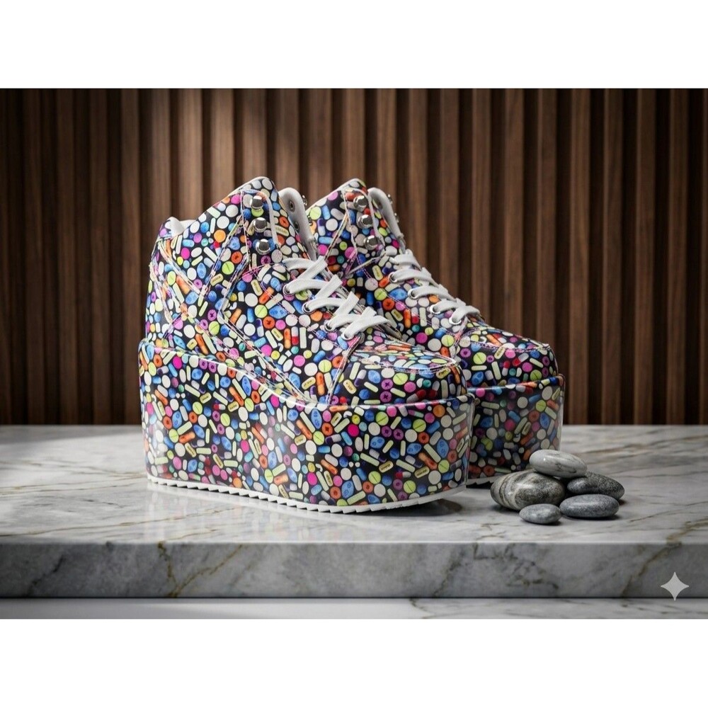 The YRU Qozmo Hi Pill High Top Lace Up Platforms Club Kid Rave Festival Size 8